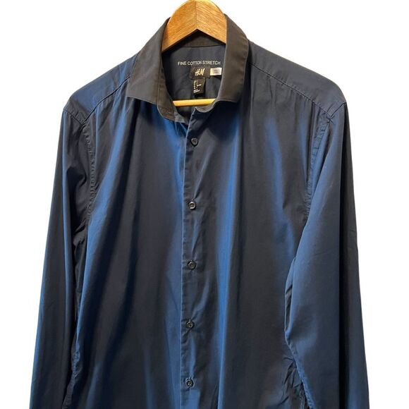 MENS H&M 5 Cotton Stretch Navy Blue Long Sleeve Button Up Dress Shirt L - Picture 3 of 8